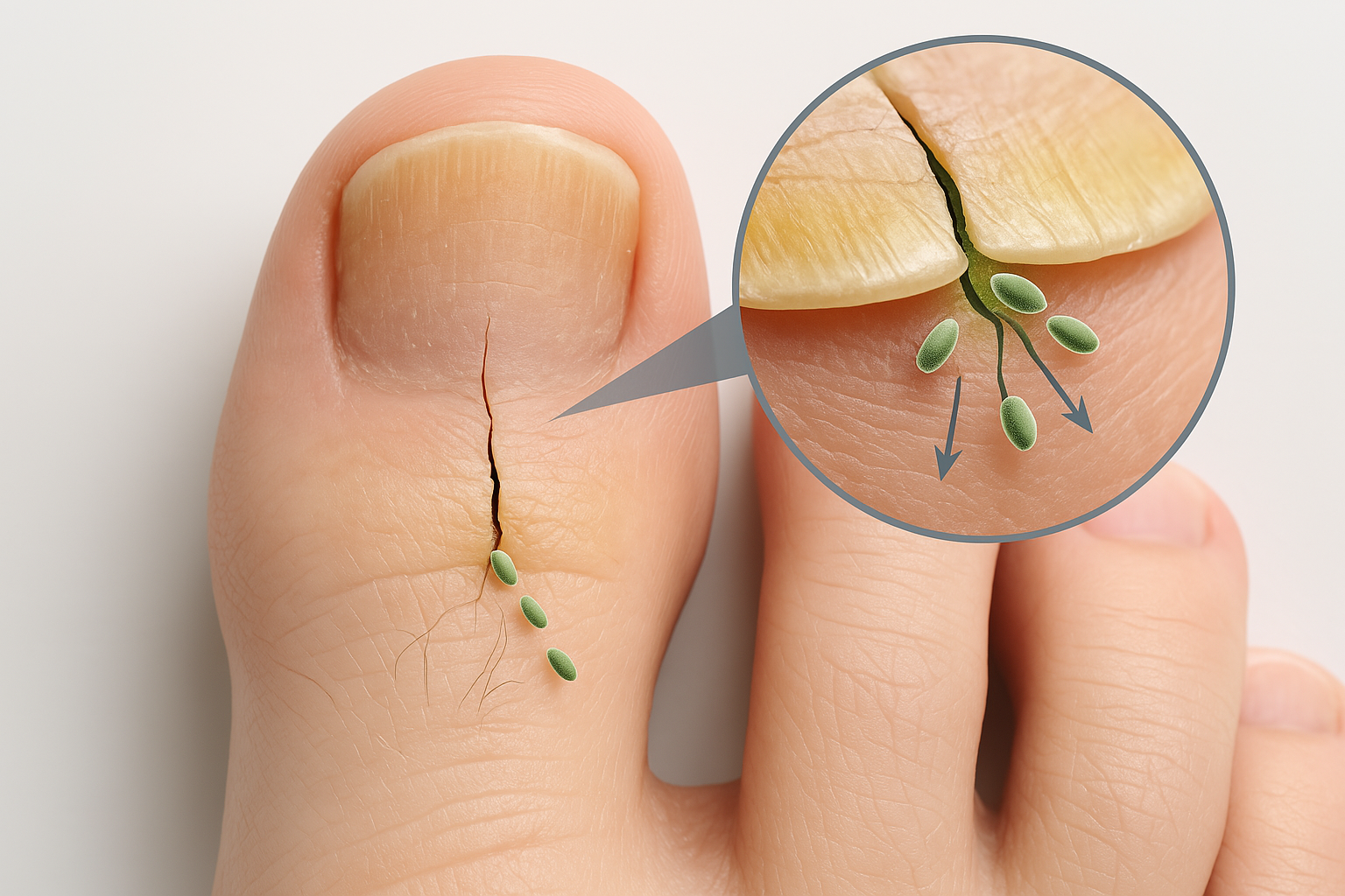 Medical diagram showing how nail fungus develops in the nail bed and spreads