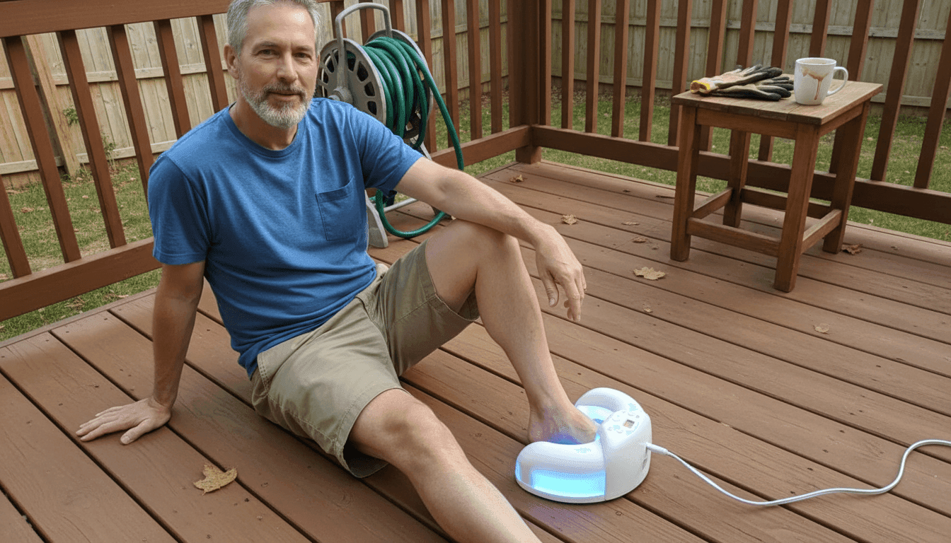 Real user using ClarusNail device on patio